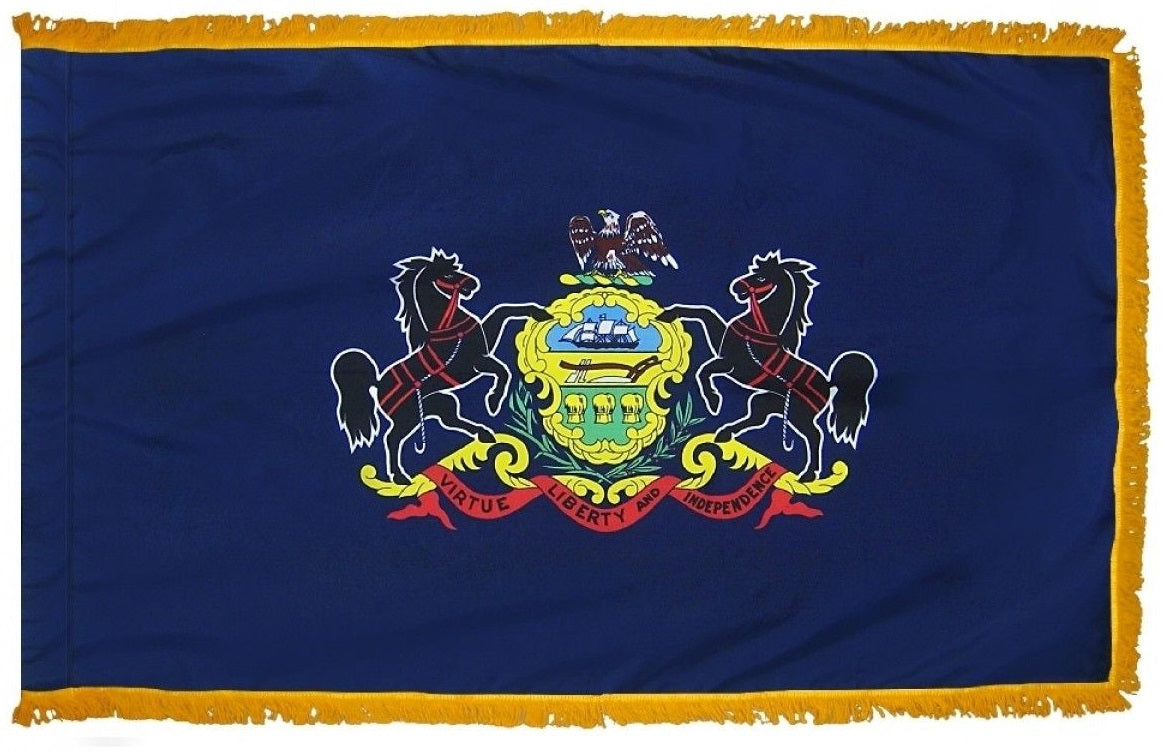 Pennsylvania State Flag 3' x 5' INDOOR Printed Nylon with yellow fringe, blue field, crest, and black horse with red harness, flannel-lined pole sleeve.