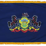 Pennsylvania State Flag 3' x 5' INDOOR Printed Nylon with yellow fringe, blue field, crest, and black horse with red harness, flannel-lined pole sleeve.