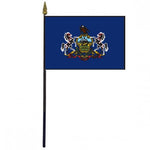 Pennsylvania Stick Flag - 4 x 6 Desktop Flag with horses and a bird crest, mounted on a 10.5 plastic stick with a gold spear finial.