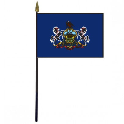 Pennsylvania Stick Flag - 4 x 6 Desktop Flag-BOX of 12, featuring a crest with horses and a bird, mounted on a 10.5 plastic stick with gold spear finial.