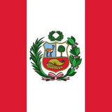 Peru Flag Printed Nylon 2' x 3', featuring a coat of arms with a deer and tree, and a cornucopia, with strong canvas header and brass grommets.