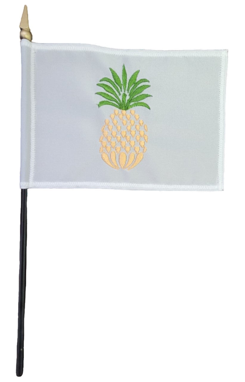 Yacht Club New Member 4 x 6 Sewn and Embroidered Pineapple Stick Table Flag with black plastic staff and gold top.