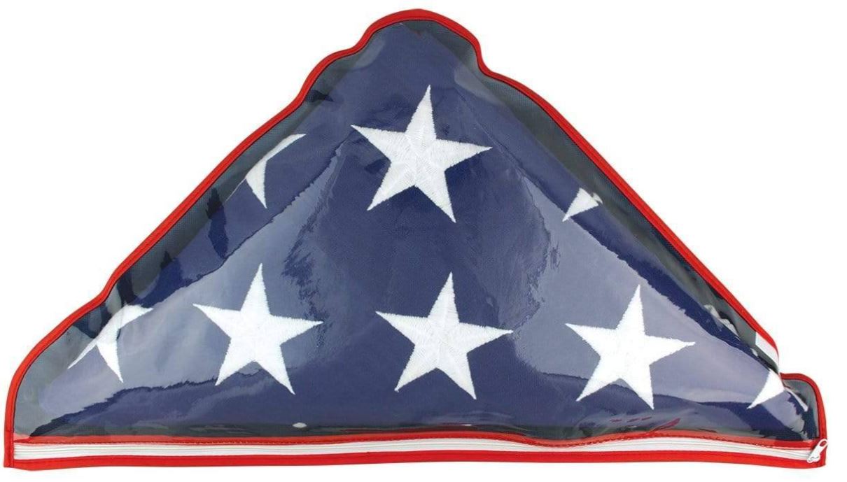 US Flag Memorial PLASTIC Case for 5' x 9.5' US Flag, featuring a triangular shape with white stars, clear front, and dark blue back.