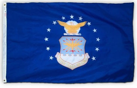 US Air Force Flag Printed Polyester 3' x 5' featuring the official emblem with coat of arms, 13 stars, and Air Force Seal on a blue background.