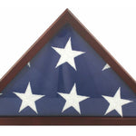 US Flag Memorial POPLAR with Cherry Finish Case for 5' x 9.5' US Flag, featuring a triangular wooden frame with a glass front and removable back panel.