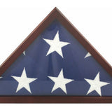 US Flag Memorial POPLAR with Cherry Finish Case for 5' x 9.5' US Flag, featuring a triangular wooden frame with a glass front and removable back panel.