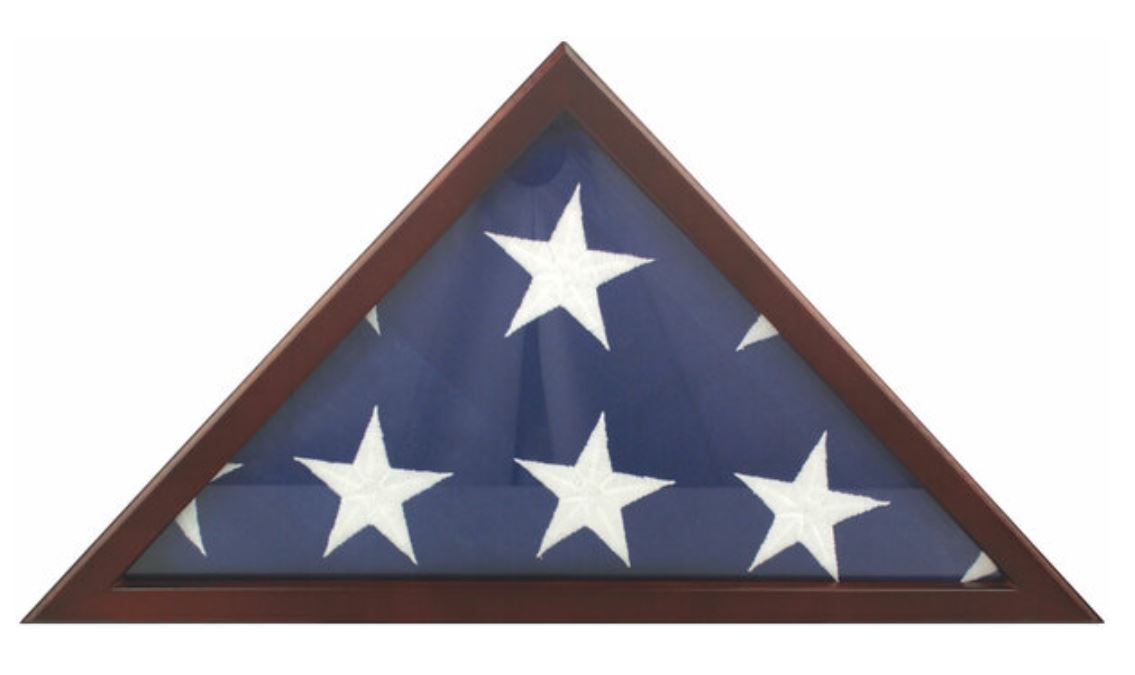 US Flag Memorial POPLAR with Cherry Finish Case for 5' x 9.5' US Flag, featuring a triangular wooden frame with a glass front and removable back panel.