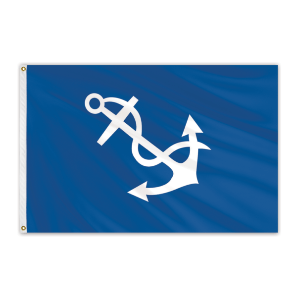 Port Captain Yacht Club Officer Flag Sewn Nylon Applique 12 X 18, featuring a white anchor on a blue background, with durable, fast-drying, UV-resistant nylon and brass grommets.