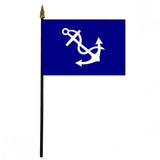 Port Captain Yacht Club Officer 4x6 Table Stick Flag featuring a white anchor on a blue background, mounted on a black plastic staff with a gold top.