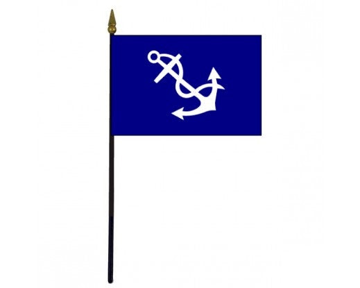 Port Captain Yacht Club Officer 4x6 Table Stick Flag featuring a white anchor on a blue background, mounted on a black plastic staff with a gold top.