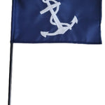 Port Captain Yacht Club Officer 4 x 6 Sewn Applique Stick Table Flag with white anchor, 200 denier nylon, black plastic staff, and gold top.