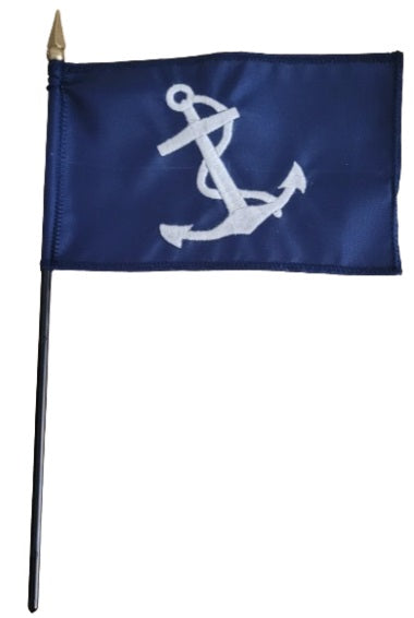 Port Captain Yacht Club Officer 4 x 6 Sewn Applique Stick Table Flag with white anchor, 200 denier nylon, black plastic staff, and gold top.