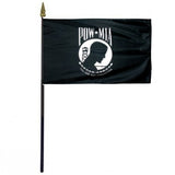 US Military POW/MIA Stick Flag 4 x 6 with a white logo silhouette of a man, mounted on a plastic stick with a gold spear finial.