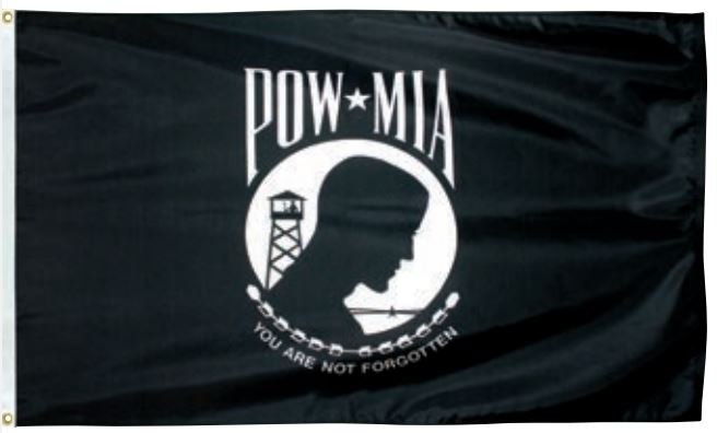 US Military POW/MIA Flag Printed Nylon 3' x 5' Double Sided featuring a black flag with white text and a silhouette of a man.