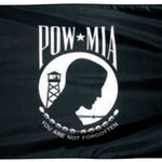 US Military POW/MIA Flag Printed Nylon 12 x 18, featuring a black flag with a white silhouette of a man and text, symbolizing concern for POWs/MIAs.