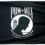 US Military POW/MIA Flag Printed Nylon 12 x 18, featuring a black flag with a white silhouette of a man and text, symbolizing concern for POWs/MIAs.