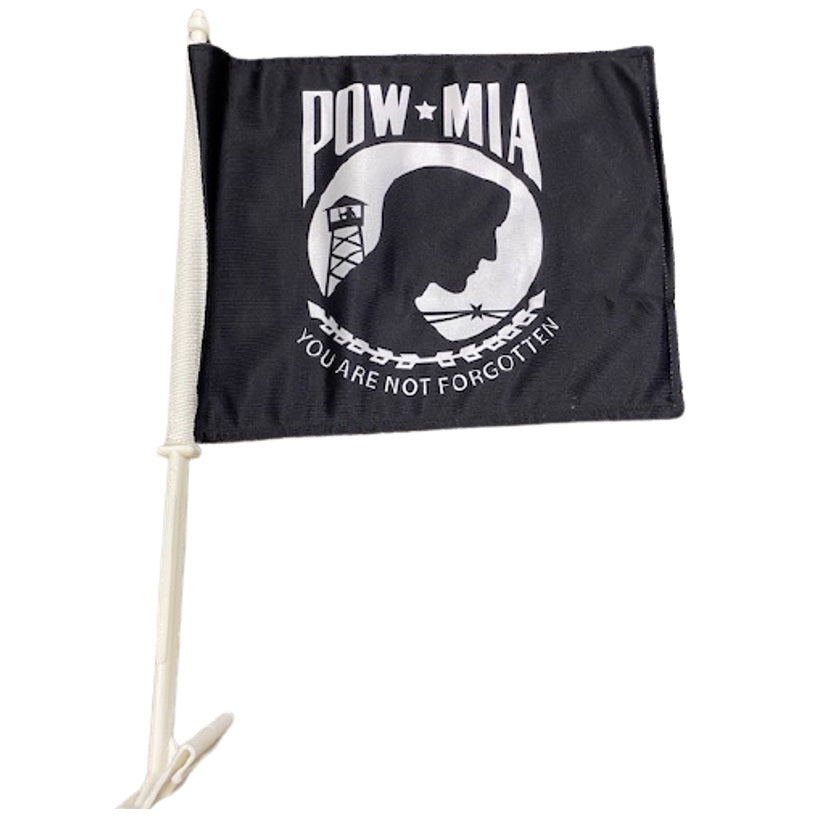 US Military POW/MIA Car Window Flag, 11 x 14, double-sided polyester with white text and logo, includes a 21 car window staff and bracket.