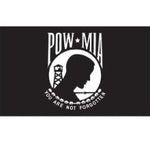 US Military POW/MIA Flag Printed Nylon 3' x 5' Single Sided, featuring a black and white logo with a man's head silhouette, symbolizing concern for POWs/MIAs.