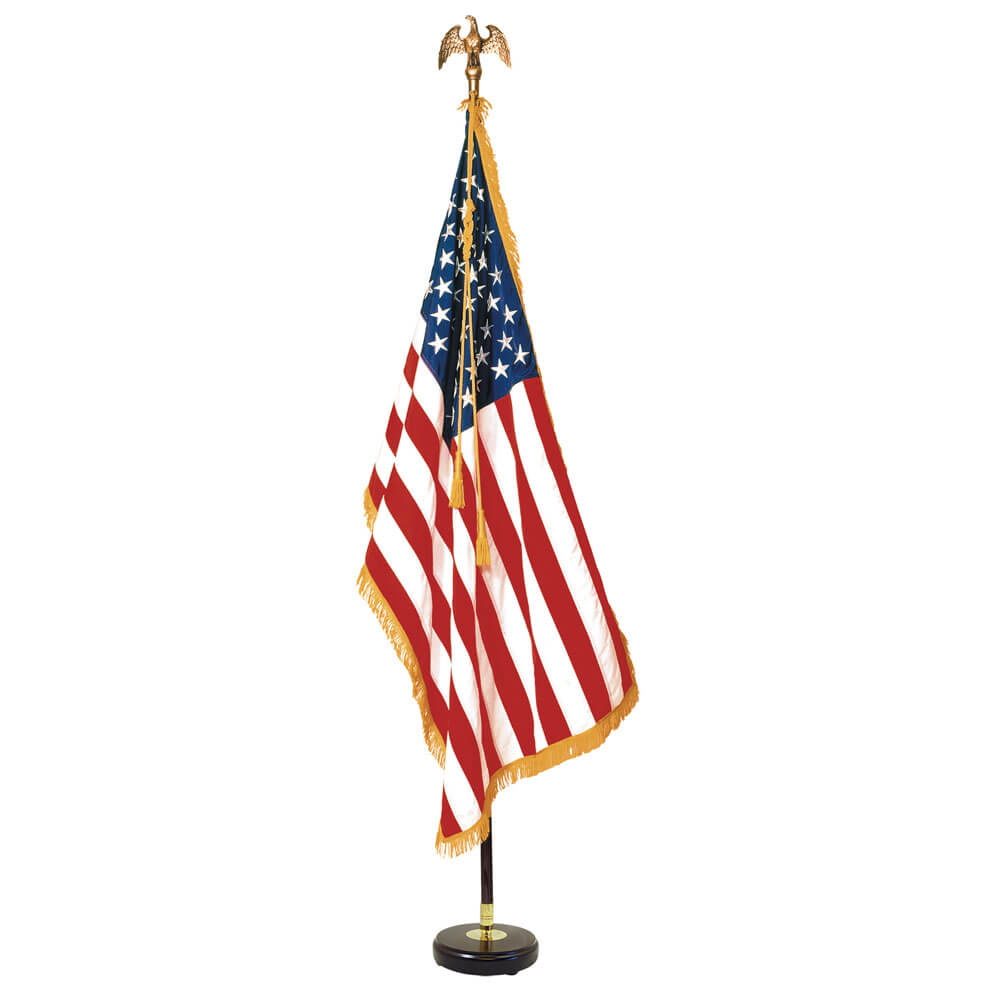 US Indoor 3' x 5' Signature Nylon American Flag Presentation Set with gold fringes, eagle ornament, oak pole, and base, featuring sewn stripes and embroidered stars.