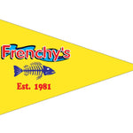 Custom PRINTED Nylon PENNANT featuring a yellow triangle with a fish skeleton and red text, suitable for promoting organizations or businesses.