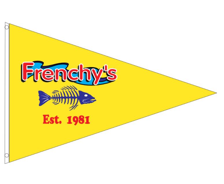 Custom PRINTED Nylon PENNANT featuring a yellow triangle with a fish skeleton and red text, suitable for promoting organizations or businesses.