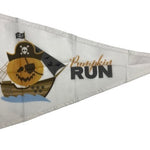 Custom PRINTED Nylon PENNANT featuring a pirate ship and pumpkin. Ideal for promoting organizations or businesses. Made from durable 200 denier nylon with brass grommets.