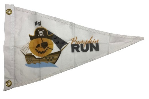 Custom PRINTED Nylon PENNANT featuring a pirate ship and pumpkin. Ideal for promoting organizations or businesses. Made from durable 200 denier nylon with brass grommets.