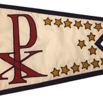 Custom SEWN Applique BURGEE featuring a white background with red letters and stars, made from double-layered nylon with brass grommets for durability.