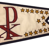 Custom SEWN Applique BURGEE featuring a white background with red letters and stars, made from double-layered nylon with brass grommets for durability.