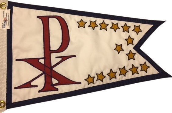 Custom SEWN Applique BURGEE featuring a white background with red letters and stars, made from double-layered nylon with brass grommets for durability.