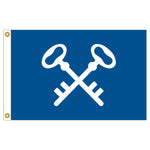 Quartermaster Yacht Club Officer Flag Sewn Applique Nylon 12 x 18 featuring white crossed keys on a blue background with durable brass grommets and canvas header.