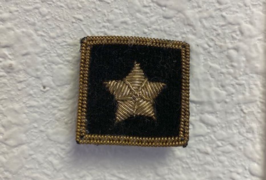 Rear Commodore Yacht Club Officer Insignia Pin with a gold star, hand-stitched on black felt, featuring embroidered bullion wire and a pin back.