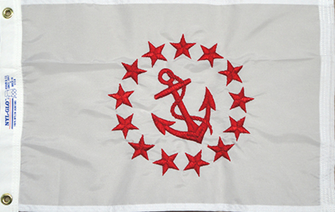 Rear Commodore Yacht Club Officer Flag Sewn Applique Nylon 24 x 36 featuring red anchor and stars on white fabric, durable and fast drying, with brass grommets.