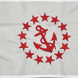 Rear Commodore Yacht Club Officer Flag Sewn Applique Nylon 24 x 36 featuring red anchor and stars on white fabric, durable and fast drying, with brass grommets.