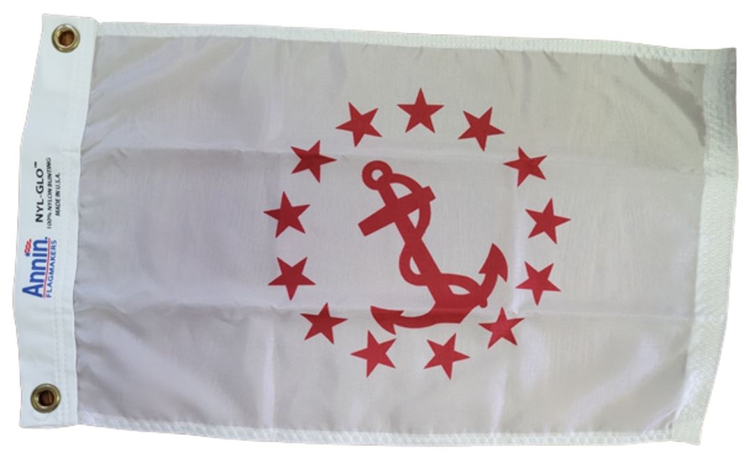 Rear Commodore Yacht Club Officer Flag 12 x 18 with red anchor and stars on white, made of durable, fast-drying nylon with brass grommets.