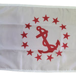 Rear Commodore Yacht Club Officer Flag 12 x 18 with red anchor and stars on white, made of durable, fast-drying nylon with brass grommets.