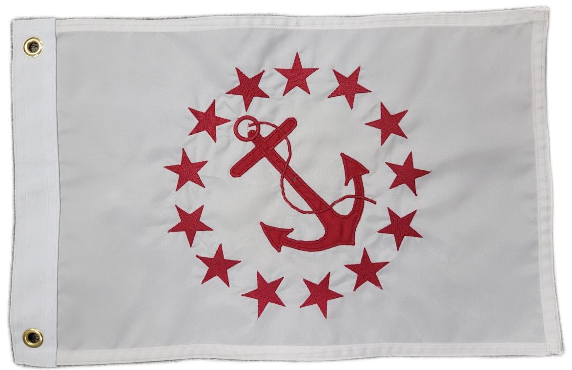 Rear Commodore Yacht Club Officer Flag Sewn Applique Nylon 10 x 15 with red anchor and stars, durable, fast-drying with canvas header and brass grommets.