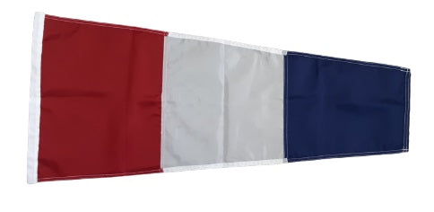 3 Code Signal Pennant Size 2, 16 x 36, sewn nylon with canvas header and brass grommets.