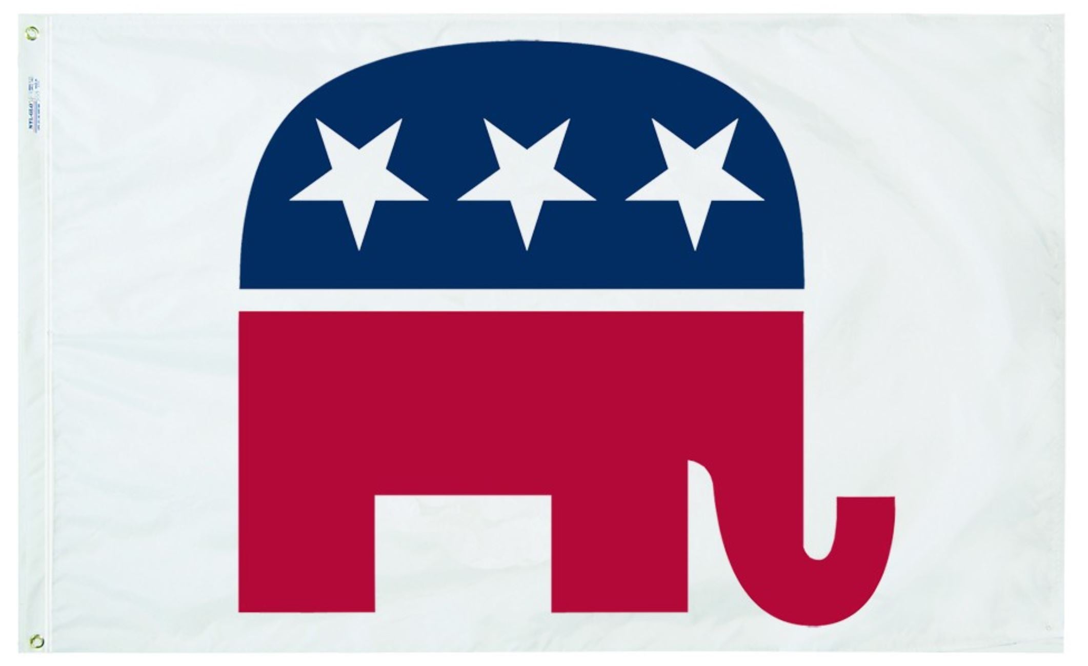 Republican Party Elephant 3' x 5' Printed Nylon Flag with white stars and solid brass grommets for easy hanging.