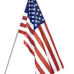 3x5' American Flag on a 6' metal pole with a gold plastic eagle and steel mounting bracket, captured waving in the wind.