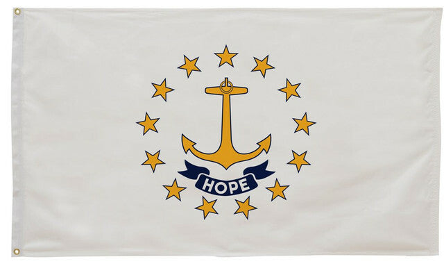 Rhode Island State Flag 12 x 18 printed nylon with anchor and stars, featuring strong canvas header, brass grommets, and UV-resistant material for outdoor use.