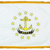 Rhode Island State Flag 4' x 6' INDOOR, white with yellow fringe, featuring a yellow anchor and stars on a white background, flannel-lined pole sleeve.