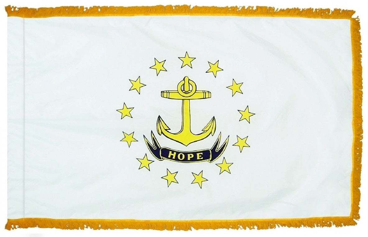 Rhode Island State Flag 4' x 6' INDOOR, white with yellow fringe, featuring a yellow anchor and stars on a white background, flannel-lined pole sleeve.