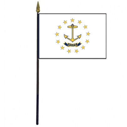 Rhode Island Stick Flag - 4 x 6 Desktop Flag with anchor and stars, mounted on a 10.5 plastic stick with gold spear finial.