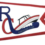 Custom PRINTED Nylon BURGEE with a red and blue pennant, featuring a boat logo, designed for indoor or outdoor use with brass grommets.