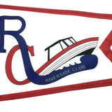 Custom PRINTED Nylon BURGEE with a red and blue pennant, featuring a boat logo, designed for indoor or outdoor use with brass grommets.