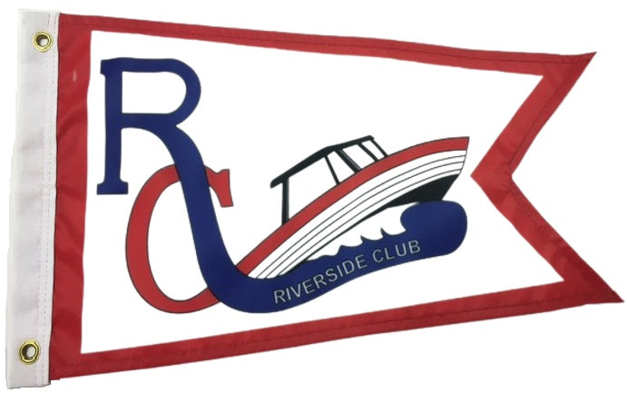 Custom PRINTED Nylon BURGEE with a red and blue pennant, featuring a boat logo, designed for indoor or outdoor use with brass grommets.