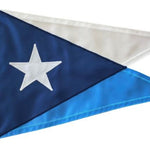 Custom SEWN Applique BURGEE featuring a blue and white triangle design with a white star on a blue background, crafted from durable nylon fabric.