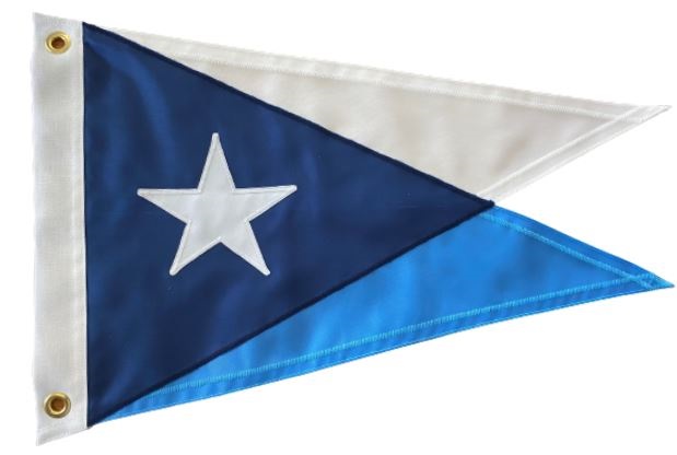 Custom SEWN Applique BURGEE featuring a blue and white triangle design with a white star on a blue background, crafted from durable nylon fabric.