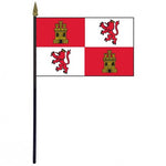 Royal Standard of Spain Stick Flag, 4 x 6, featuring lions and a castle, mounted on a 10.5 plastic stick with a gold spear finial.